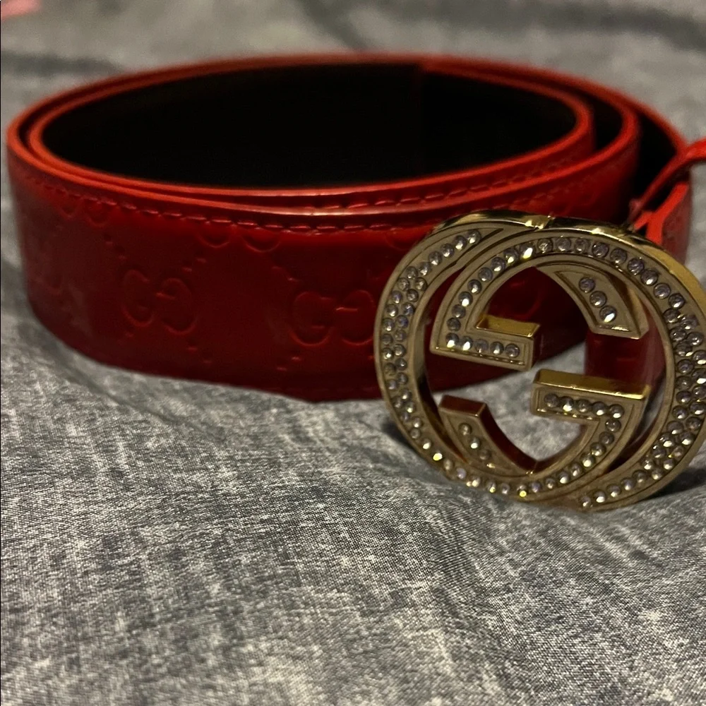 Red Patent GG Logo-Embossed Belt with Gold Crystal GG Buckle